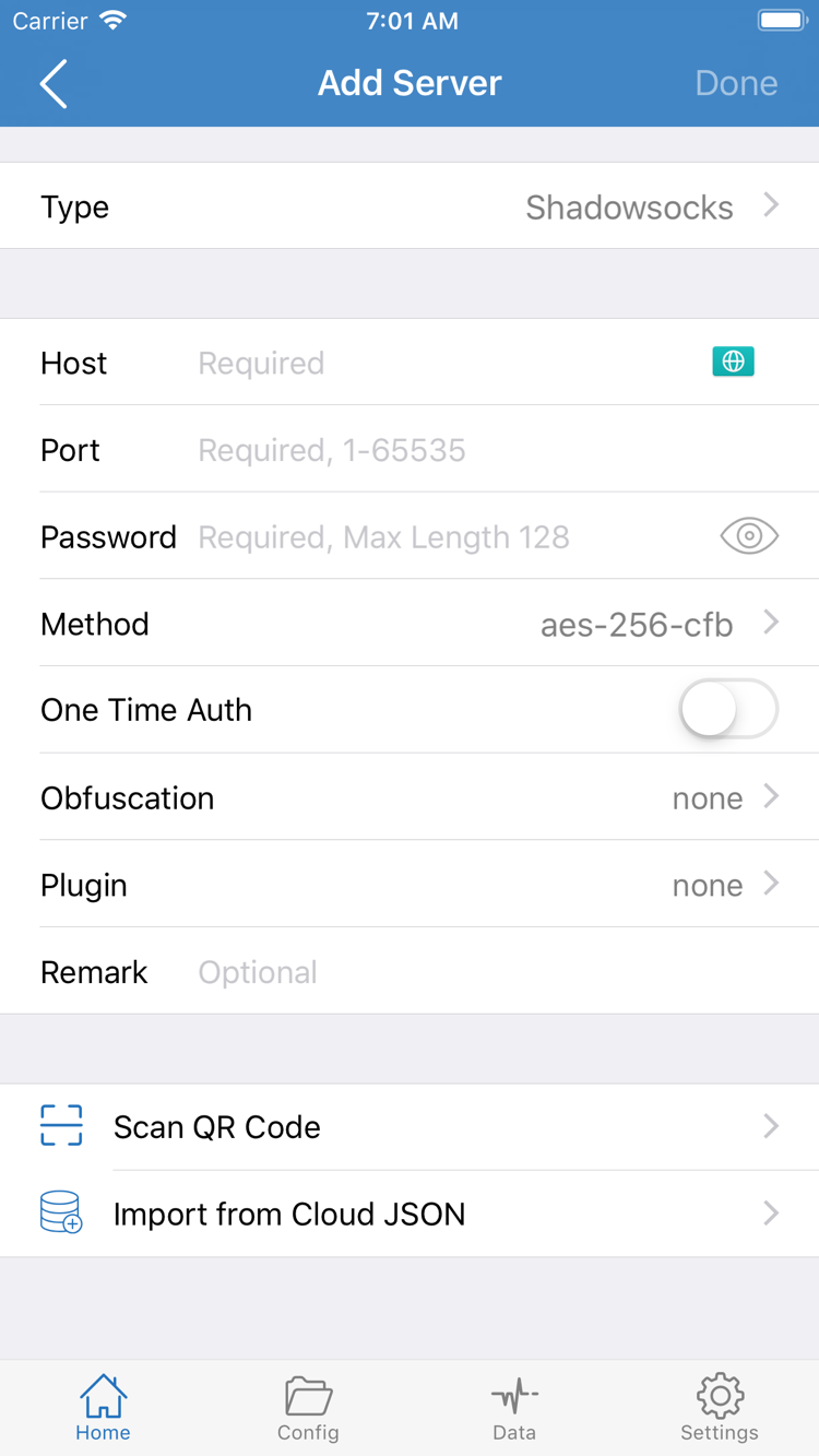 Official Shadowrocket Add Server screenshot showing Type, Host, Port, Password, Method, and the import options at the bottom