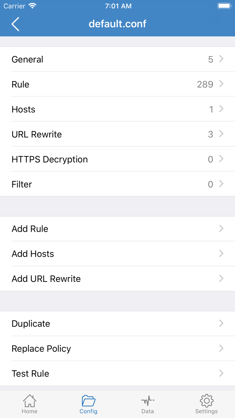 Official Shadowrocket Config screenshot showing General, Rule, Hosts, URL Rewrite, HTTPS Decryption, and Add Rule
