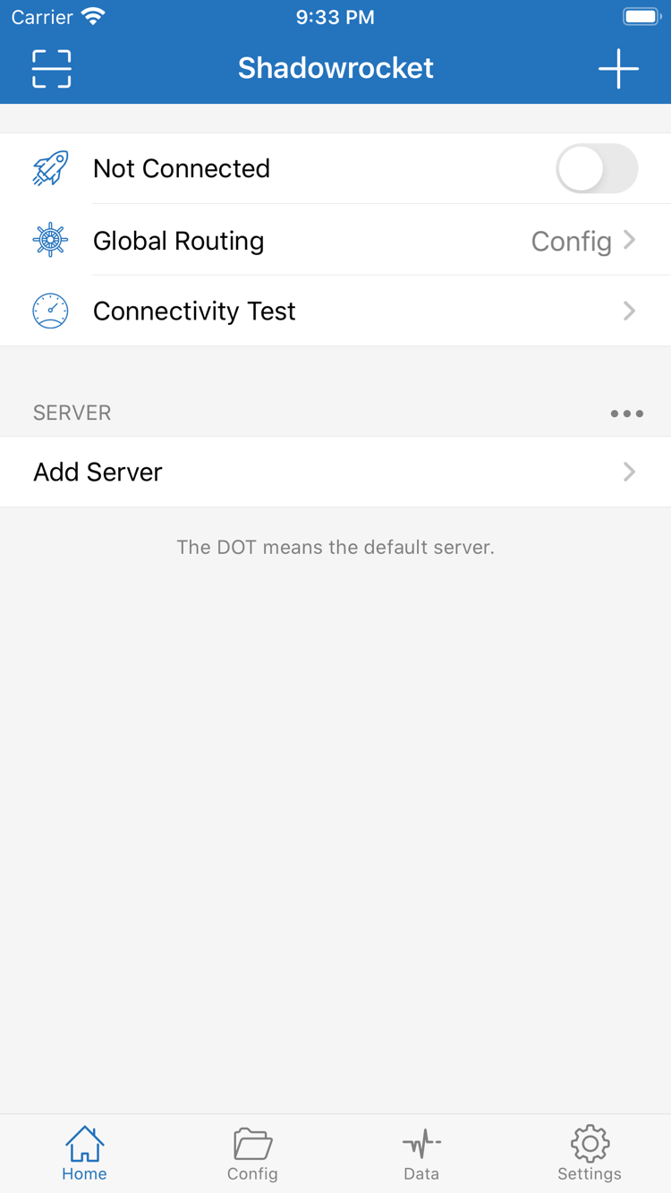 Official Shadowrocket Home screenshot showing the Not Connected switch, Global Routing, Connectivity Test, and SERVER group